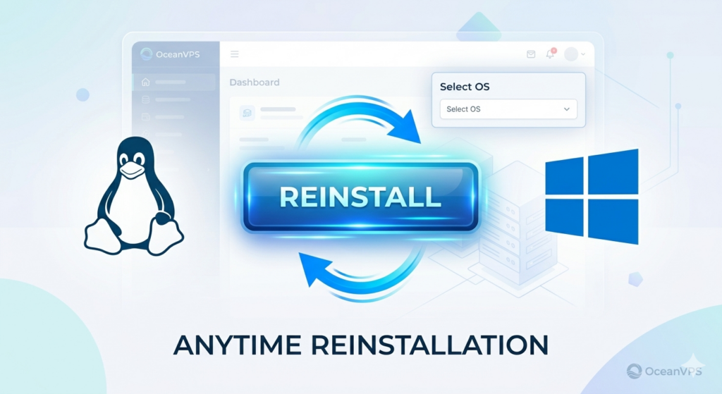 OceanVPS Control Panel showing easy OS reinstallation and switching between Linux and Windows.