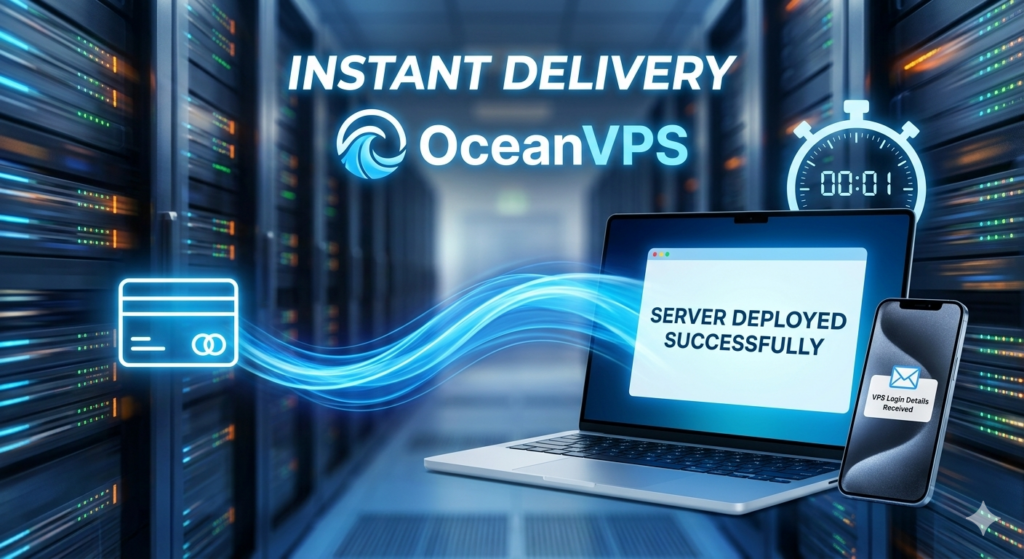 OceanVPS Instant VPS Deployment and Delivery illustration within minutes of payment.