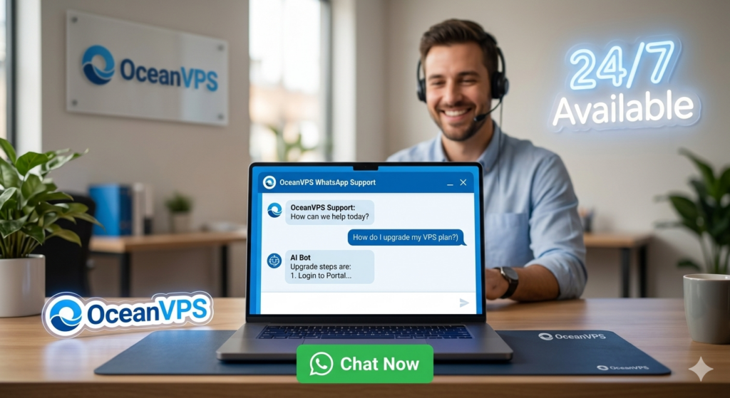 OceanVPS 24/7 technical support via WhatsApp and live chat for Linux and Windows VPS users.