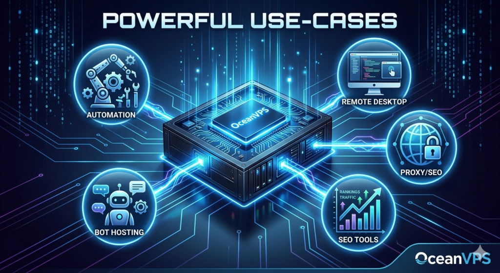 OceanVPS use-cases illustration including SEO tools, RDP, automation, and bot hosting on Linux/Windows VPS