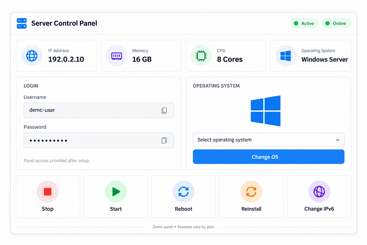 Demo VPS control panel showing server status, login fields, operating system selection and power controls