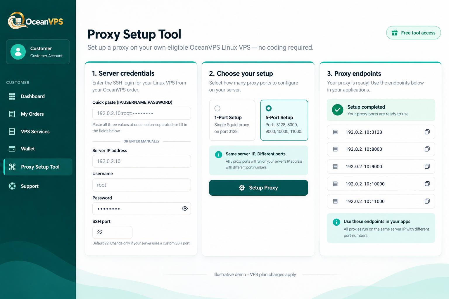Illustrative OceanVPS customer dashboard and Proxy Setup Tool with one-port and five-port options on the same example server IP