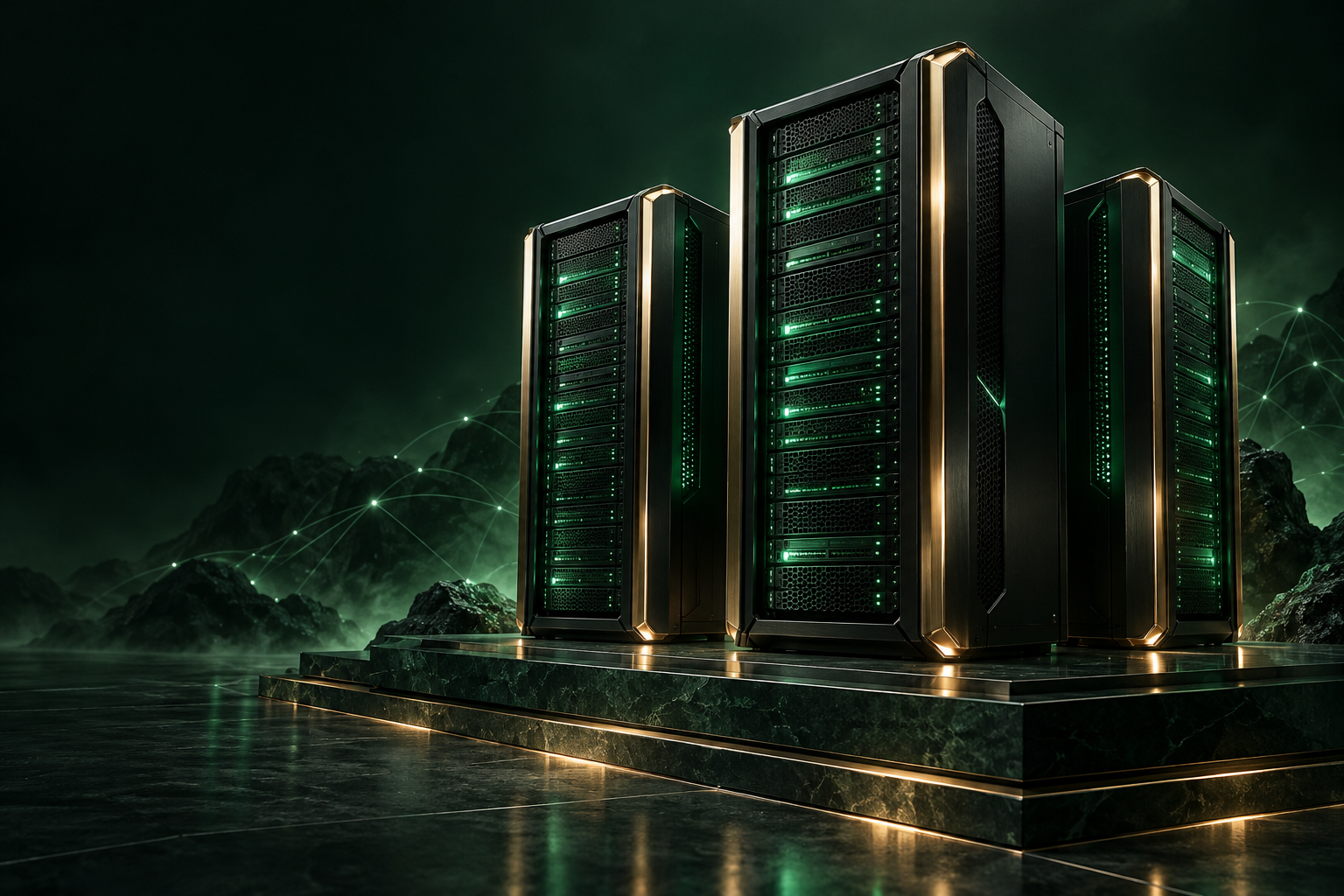 Illustrated enterprise server towers with emerald and gold lighting